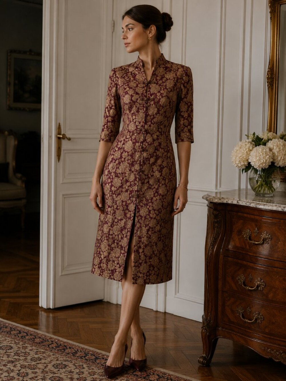 Vintage Endless Knot Art 100% Silk Asian Robe Dress Women’s S Mauve Floral
